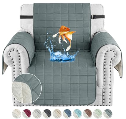 MAXIJIN Water Resistant Chair Cover Slipcovers, 23.5 Quilted Armchair Sofa Cover Washable Dog Couch Covers Protector with Elastic Strap & Side Pocket (Dark Grey, 1 Seater)