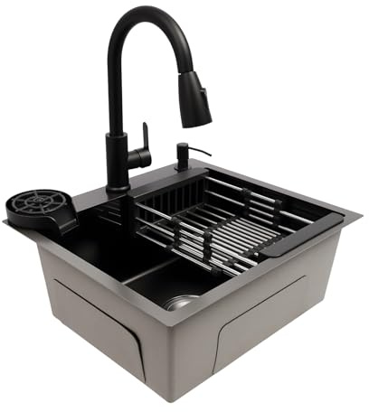 OUBUBY Diskbänk svart 50 x 45 cm, diskbänk med utdragbar kran och diskbänk, inbyggd diskbänk i granit, rektangulärt med dräneringsyta, reptålig, värmebeständig