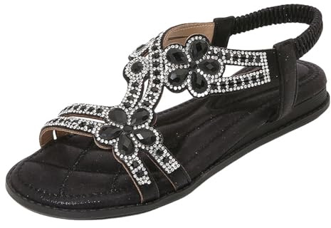 Orthopedic Sandals Women Flat Rhinestone Sandals for Women Wide Fit Bohemian Sparkling Women's Walking Non Slip On Casual Summer Beach Shoes Ankle Elastic for
