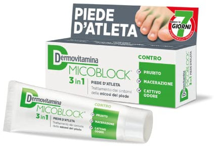 Dermovitamina Micoblock 3in1 Crema Piede d'Atleta - Trattamento dei Sintomi delle Micosi del Piedi - Contro Prurito, Macerazione e Cattivo Odore - Rapida Asciugatura - Senza Acetone - 30 ml