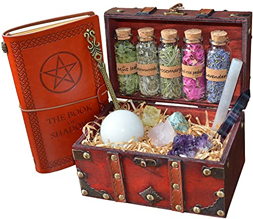 Magisches Hexerei-Kit mit Kräutern, Kristallen & Messingstab – inkl. leeres Buch der Schatten (150 Seiten) in Vintage-Holzbox – Wicca Ritual-Set für spirituelle Energiearbeit & Geschenke