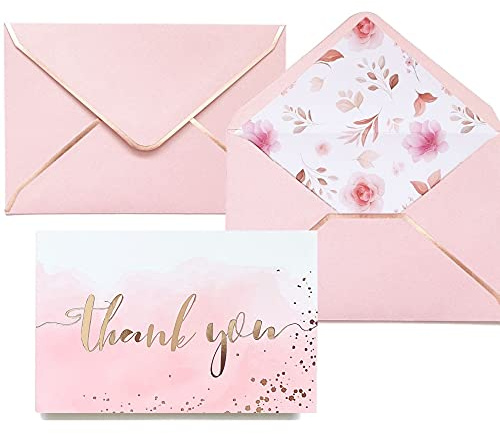 Winoo Design Heavy Duty Rose Gold and Pink Thank You Cards with Envelopes - 36 PK - 4x6 Bridal Shower Thank You Cards Baby Shower Baby Girl Thank You Notes for Wedding Birthday