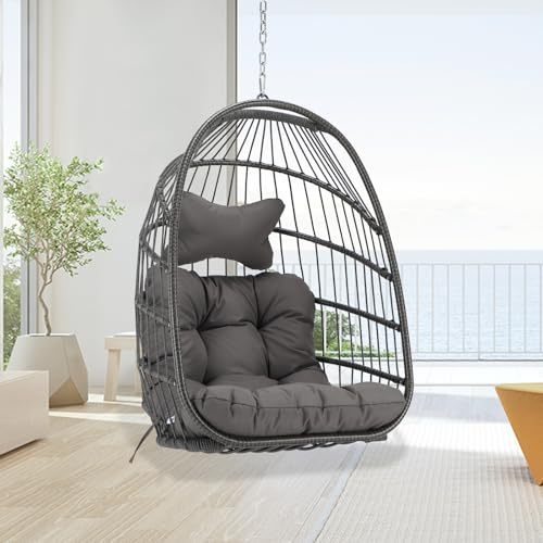 BULEXYARD Outdoor Egg Chair Without Stand, 350 Lbs Foldable Weather-Resistant Rattan Hanging Hammock with Cushion, Cozy Swing Basket Seat for Bedroom Balcony Patio Pergola Tree Mount, Dark Grey