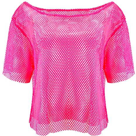 Jadive 80s Neon Fishnet Top Mesh Top Neon Clothes Off Shoulder Fancy Dress Disco Retro Outfit Costume(Pink,Adult-l)