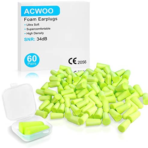 ACWOO Bouchon d'Oreille, 60 Paires Boule Quies Anti Bruit SNR 34 dB, Bouchons d'reille en Mousse Souple, Boule Quies Reutilisable Protection Auditive pour Etudier les de Voyage Fitness (Jaune Fluo)