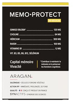 MemoProtect - Complément Alimentaire Mémoire, Concentration & Vivacité - Ginkgo Biloba, Vitamines B, Selenium - Aragan - 60 gélules - 30 à 60 jours