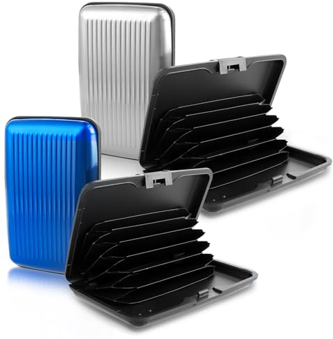 Grevosea 2 Stück kredit kartenetui Damen,kreditkarten etui aus Aluminium Card Holder Wasserdichtes Visitenkartenetui Mini RFID Blockierender Metall ID Organizer Geldbörse für Damen Herren-blau,Silber