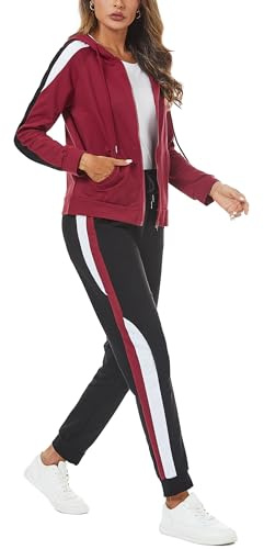 Litherday Survêtement Femme Coton Rayé Ensemble Sportswear | à Manches Longues Ensemble de Sport à Capuche Zippé 2 Pièces pour Fitness Jogging