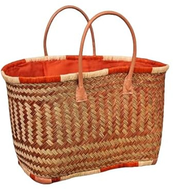 Capazo de Esparto Fino NARANJA con Asas de Cuero y Cierre. Ref 5940 | Fabricado a mano con esparto fino. Amplio, resistente y perfecto para playa, compras, viajes y uso diario.