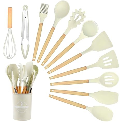 12 Stück Küchenhelfer Set, Silikon Kochutensilien Kochbesteck Set mit Holzgriff, Hitzebeständiger Kochbesteck mit Utensilienhalter, Antihaft Kochset Küchenutensilien, Spülmaschinengeeigne - Khaki