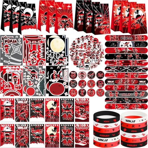 Bomboniere per feste ninja, decorazioni per feste di compleanno ninja, forniture per il tuo piccolo guerriero ninja, inclusi quaderni, sacchetti regalo, braccialetti schiaffi, braccialetti in gomma,
