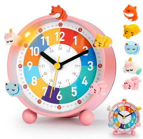PIXESTT Despertador Infantil, Reloj Despertador Infantil para Principiantes En La Escuela, Sin Sonido Tic-TAC, con FuncióN De Luz Nocturna Y FuncióN De RepeticióN, con 5 Adornos De Despertador