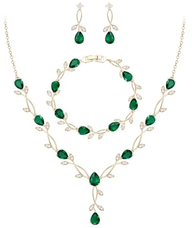 EVER FAITH Bröllopssmycken för brud brudtärna tårdroppe kubisk zirkonia blad vinstockar brud bal halsband dingla örhängen armbandsset för kvinnor, Kubisk zirkonia