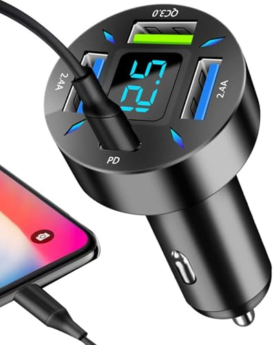 Caricatore di auto USB Quick Charge 3.0-66W USB C Caricatore per auto veloce, Adattatore per accendisigari per sigaretta di tipo C di tipo C con display digitale a LED, monitoraggio in reale del