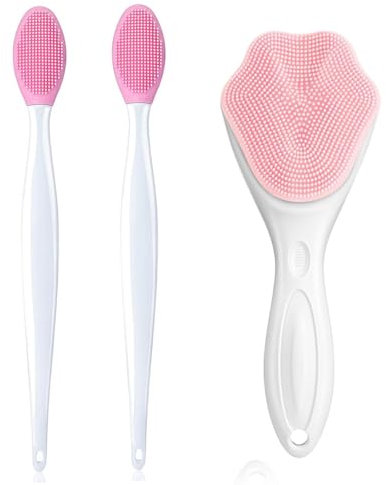 1 Pcs spazzole in silicone per la pulizia del viso, 2 Pcs Pennelli per Labbra in Silicone, con setole morbide, impermeabili, manuali, esfolianti, massaggianti, per la pulizia profonda del viso(Rosa)