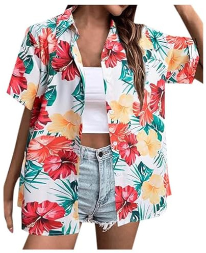 Camisas Hawaianas Mujer Camisa de Verano Casual Shirts Manga Corta con Botones Camisas con Estampado Tropical Blusa de Playa Vacaciones (Dark Purple, S)