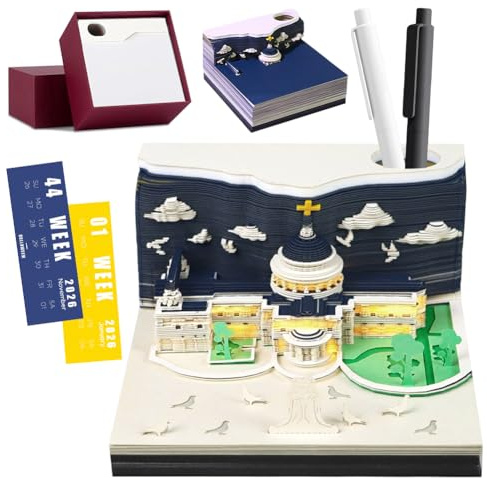 VOHESEA 3D-konstkalender 2026, 3D-kalender 2026, gör-det-själv-timerkalender att riva, 3D-konstblock i St Pauls Cathedral, 3D-anteckningsblock av papperssnideri som skrivbordsdekoration