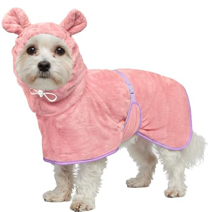 Dog Bathrobe Super Absorbent Towel Robe - Microfiber Bath Towels Fast Drying Coat for Dogs, Cute Dogs Clothes Adjustable Collar & Belly Strap Warm Keeping Hooded Dog Towel (Pink, Small)
