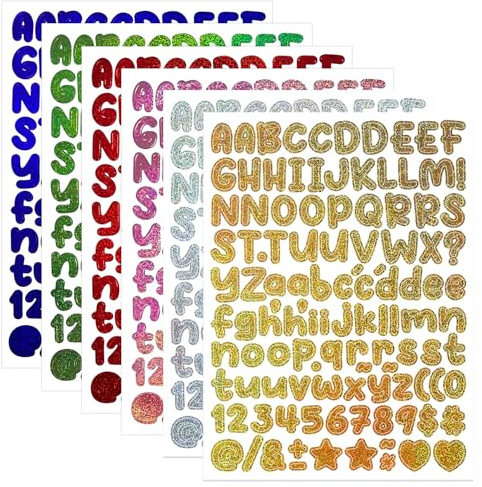 BINLINHONGO 666 Pieces Small Vinyl Letter Number Stickers, 6 Sheets 0.5 Inch Glitter Colourful Sticky Stick on Alphabet Sticker Decals for Scrapbooks, Signs, Water Bottles, DIY Crafts