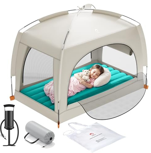 QPAU Lettino da viaggio gonfiabile per bambini con tenda – Materasso ad aria leggero per bambini con pompa a mano – Letto portatile per interni ed esterni, campeggio, viaggi, casa, nonna – dai 3 anni