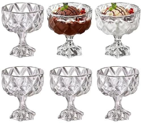 Houbobo 6 Pack Glass Dessert Bowls, Glass Trifle Bowl Breakfast Cups with Spoons, 300 ML Dessert Cups for Ice Cream, Sundae, Fruit, Pudding, Small Snacks, Oats, Yogurt, Milk