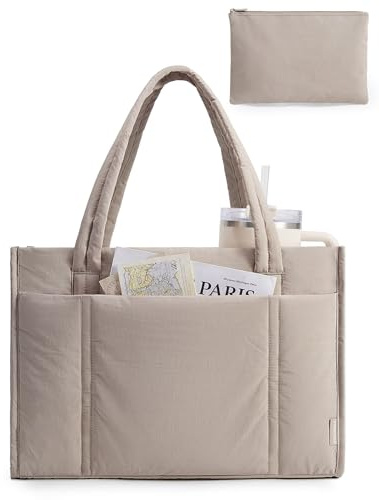 bagsmart Handtasche Damen, Leicht Puffer Shopper Tasche Arbeitstasche Lehrertasche Puffy Tote Bag mit Vielen Fächern, Schultertasche 15.6 Zoll Laptoptasche für Uni Arbeit Reise Schule Büro, Kamel