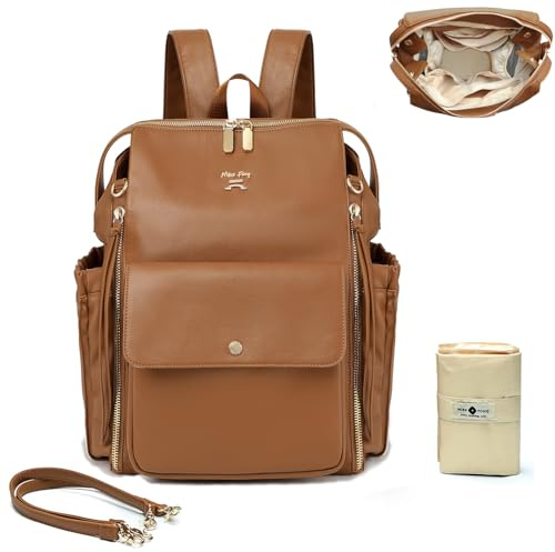 MISS FONG Leather Changing Bag Nappy Backpack,Baby Bags with Changing Mat Diaper Bag for Mum and Dad,Stroller Straps,Insulated Pockets,Brown