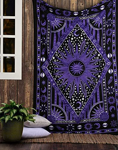 raajsee Sonne und Mond Wandteppich Mandala Lila, Boho Wand Deko Wandtuch, Aesthetic Room Décor Tapisserie,Wandbehang Tapestry 52x60 inch