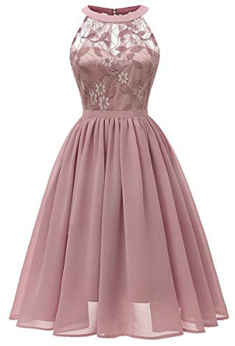 Robe de soirée élégante pour mariage - Dos nu - Swing - En mousseline de soie - Robe de cocktail, Rose, L