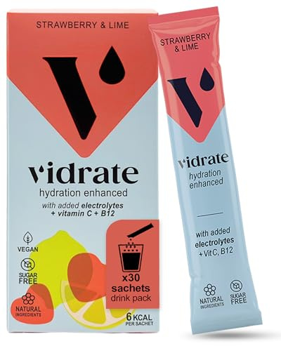 Vidrate Electrolytes Powder - Hydration Sachets Packed with Vitamins - Zero Sugar Rehydration Sachet, No Artificial Sweeteners, Preservatives - Strawberry & Lime Large Pack, 30 Electrolytes Sachets