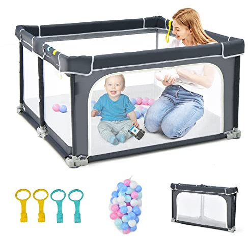 COSTWAY Parque Infantil Bebe Plegable, Parque de Juegos para Bebé, 124x124x70cm, Corralito Bebe con Malla Transpirable y Ventosas Antideslizantes, 50 Bolas, 4 Anillos de Agarre (Gris Oscuro)