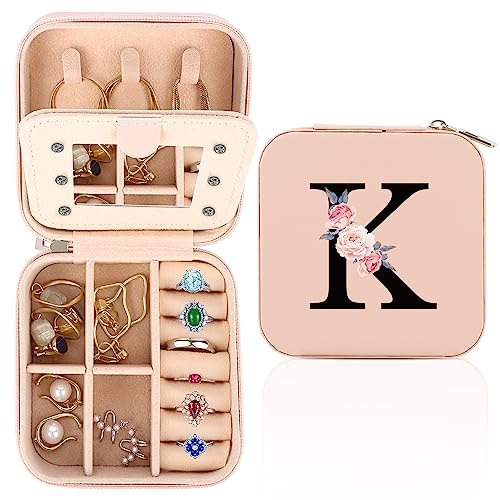 WALLFID Travel Jewellery Box,Alphabet Jewellery Organiser,Portable Jewellery Box,Small Travel Jewellery Storage Case with Mirror,Birthday Gift for Women,Mothers Birthday Valentines Day Gift Ideal (K)