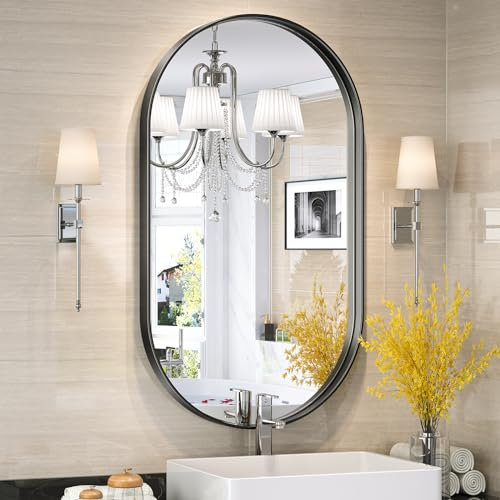 Brightify 20x36 Inch Black Oval Mirror for Bathroom, Matte Black Vanity Mirrors Metal Frame, Wall Mounted Mirror for Bedroom Fireplace Wall Decorative Hang Vertical and Horizontal