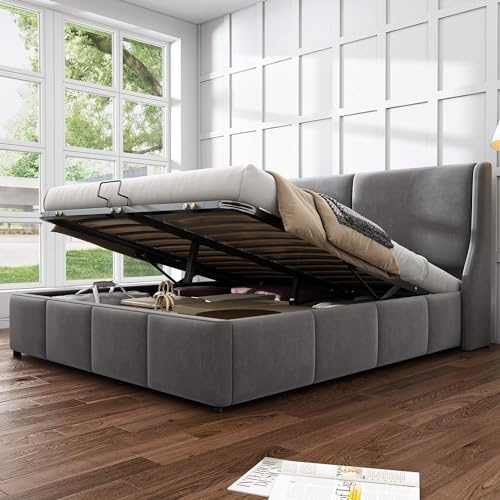 HYUB Polsterbett mit Stauraum 140 x 200cm, Bett mit Bettkasten und Lattenrost, Hydraulisch Doppelbett mit Kopfteil, Samt Continentalbett, für Erwachsene und Jugendliche, ohne Matratze, Grau