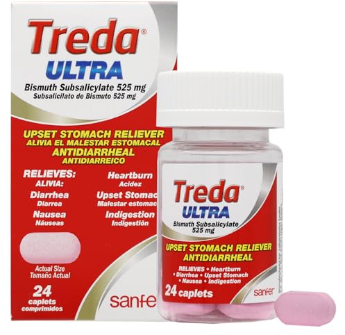 Treda Ultra Bismuth Subsalicylate 525 mg, Upset Stomach Relief, Antidiarrheal Caplets, 24 Count