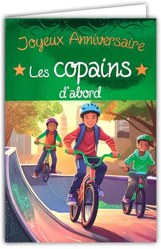 67-1287 - Tarjeta de feliz cumpleaños para niño, bicicleta de montaña BMX, skatepark, deporte urbano, primero verde brillante, ilustración, 1 año más, con sobre blanco, formato 12 x 17,5 cm, fabricado