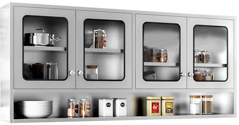 59 Kitchen Wall Cabinet Stainless Steel Wall Mounted Cabinet with Adjustable Shelves, Industrial Wall Storage Cabinet for Garage Warehouse Commercial, 8.66D x 59W x 27.56H in, No Assembly Required