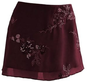 Floerns Women's Sparkly Sequin Mini Skirt Y2K Beaded Floral Embroidery Hip Skirts Burgundy Medium