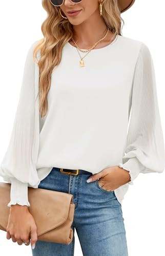 Odosalii Chemisier pour femme en mousseline de soie plissée à manches longues élégant à double couche, Blanc (02), L