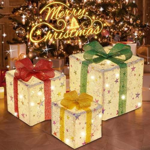 Juego de 3 Ramadan Decoracion, 50 LED Cajas de Regalo Ramadán con Luces, 8 Modos Cajas de Regalo Decorativo Estrellas con Control Temporizador, Interior para Árbol de Ramadán IP44