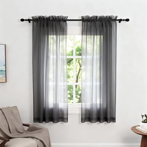 Zdada Net Curtains for Windows 45 Drop, Darkgray Voile Curtains 4 Panels | Slot Top Rod Pocket Semi Transparent Sheer Curtain Short Light Filtering Net Curtain for Living Room Kitcken W60 x L45 Inch