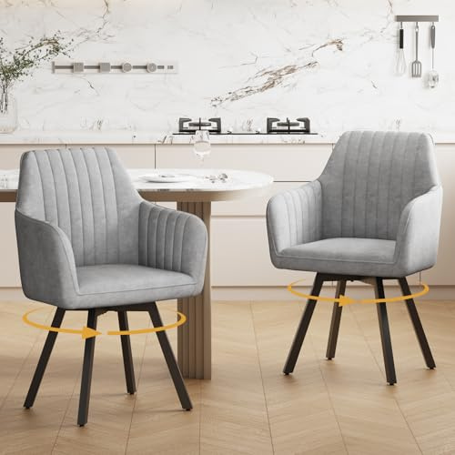 Ckaff Lot de 2 Chaise Pivotante Salle à Manger, Chaise de Cuisine Rembourrée Pivotante à 360° avec Accoudoirs, Chaises Salle à Manger en Velours pour Chambre à Coucher Cuisine Salon, Gris Clair