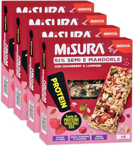 4 X Misura Protein Barrette con Cranberry, Lamponi, Semi e Mandorle Senza Glutine (Gluten Free) 120g Uno snack ricco di gusto, con solo aromi naturali arricchito da cranberry e lamponi