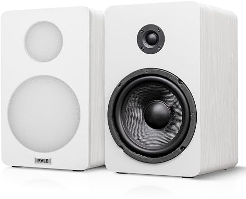 Pyle Bookshelf Speakers Passive Hi-Fi – 16.5 cm Stereo Speakers with Wall Mount Brackets, 200W Max Power, RCA Input, Paper Cone Woofer, Soft Dome Tweeter, For Turntables, Vinyl, DJ & Home Audio, White
