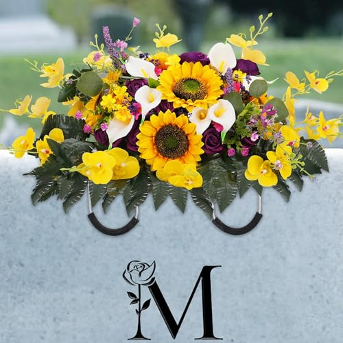 Memobloom Artificial Headstone Flower Saddle: Rose Sunflower Cemetery Flowers for Grave - Outdoor Grave Decorations for Cemetery Saddles for Headstones - Spring Memorial Gift for Loved One
