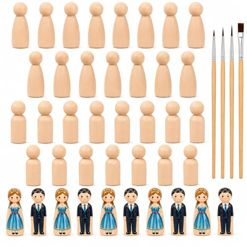 40 Stück Holzfiguren zum Bemalen 53 mm Unbemalte Spielfiguren holz Puppen zum Anmalen, Holzkegel Dekoration DIY, Holz Familie Figuren für Basteln Malen Weihnachten Hochzeit Geburtstag Dekoratio