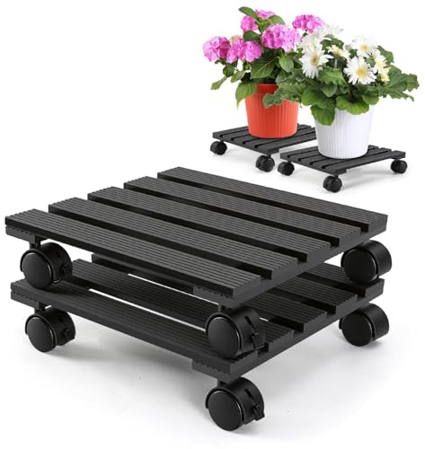 Peviasot Växtroller uppsättning om 2 av WPC, fyrkantig version 30 x 30 cm, stabila rullbrädor för växter med hjul och parkeringsbroms, väderbeständig, ca 80 kg – grå