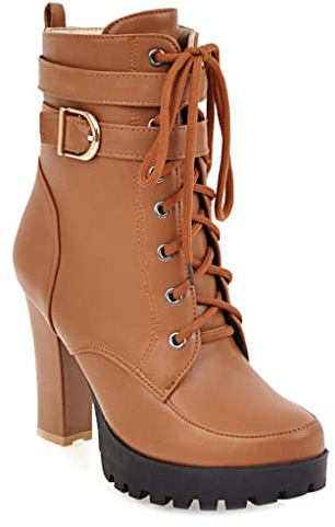 MIOKE Botines elegantes con plataforma de punta redonda para mujer, con cordones, cremallera y bloque grueso, tacón alto, vestido corto, forro de terciopelo café, 40 EU