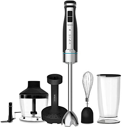Cecotec Batidora de Mano PowerGear 1500 XL Mash Pro. 1500 W, Pie XL, Cuchilla4 Hojas con Recubrimiento Titanio, 21 velocidades y función Turbo, Incluye Picadora, Batidora de varillas y Pasapurés