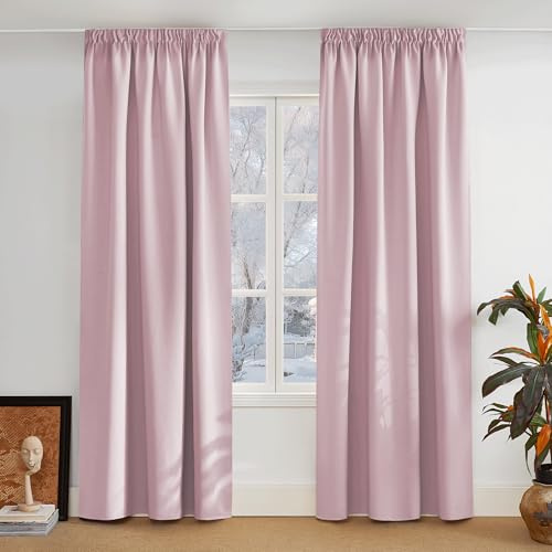 PONY DANCE Extra Long Thermal Blackout Curtains and Curtains with Ruffle Tape Curtains Living Room Modern Set of 2 H 260 x W 140 cm Blackout Curtains Light Pink Thermal Curtain Cold Protection